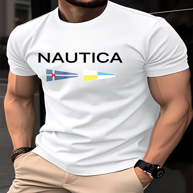 T-shirt da uomo Nautica con grafica bandiera a ventaglio, classica nautica, a maniche corte, casual, in cotone, streetwear, top basic estivo - immagine 2