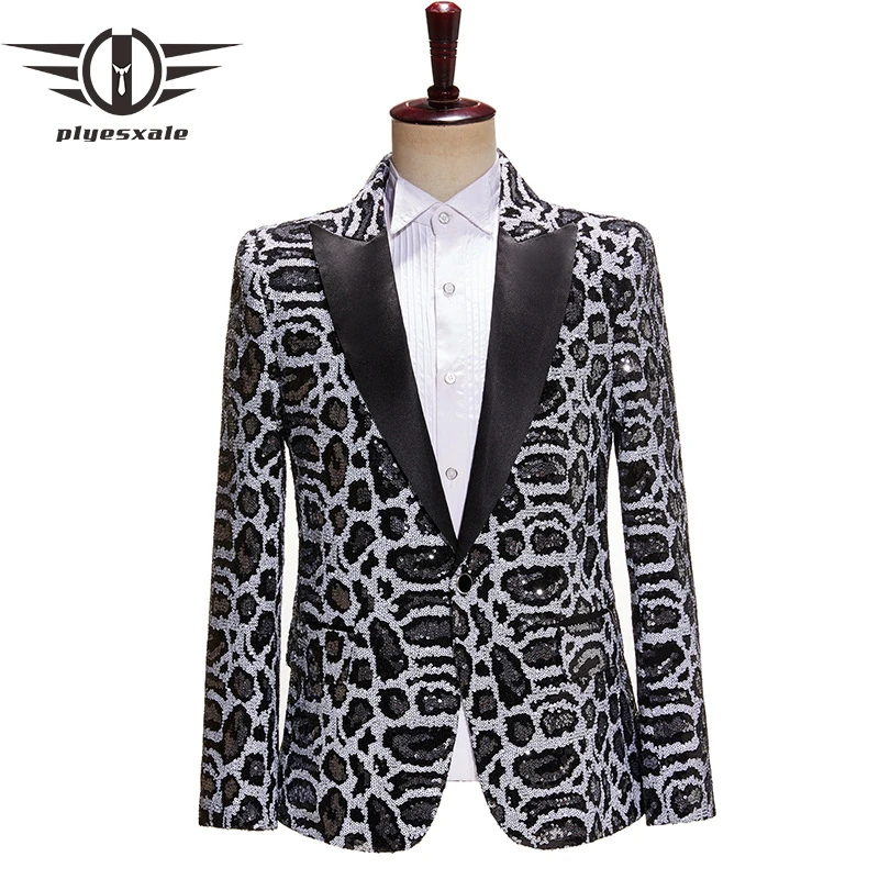 

Plyesxale Stylish Leopard Jacket Men Blazer Black White Mens Sequin Blazers Top Quality Nightclub Stage Host Singer Costume Q607