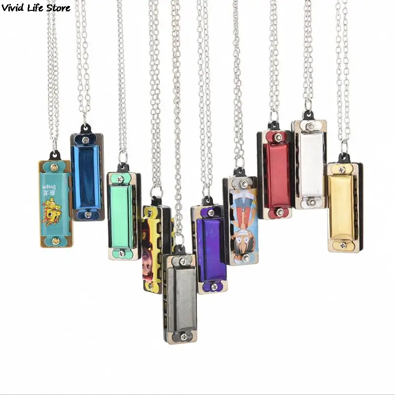 Mini 4 Hole 8 Tone Harmonica Metal Necklace Design Chain Toy Gift Color Random