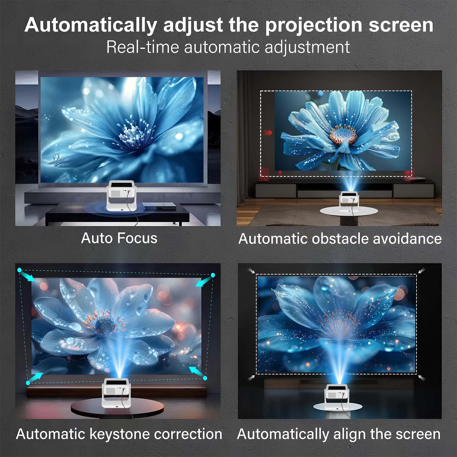 프로젝터 4K HD, 8인치 터치, WiFi 블루투스, 듀얼 스크린, HDMI USB, 미니 홈시어터 게임