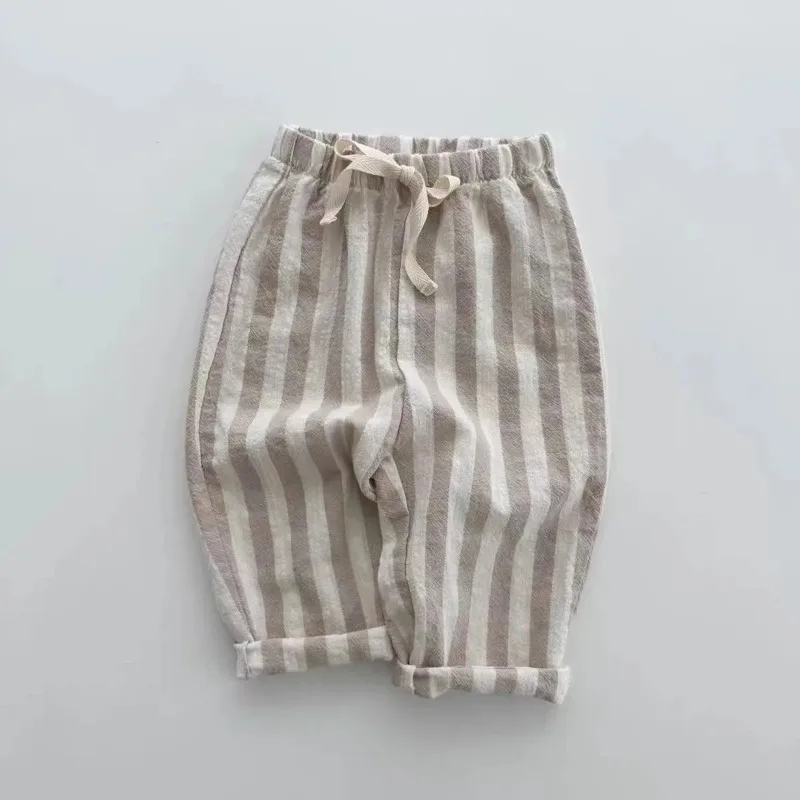 Vintage Linen Cotton Stripe Pants for Boys Casual Pocket Design Elastics Waist Pants for Toddler Girl Clothing Children Trousers 3