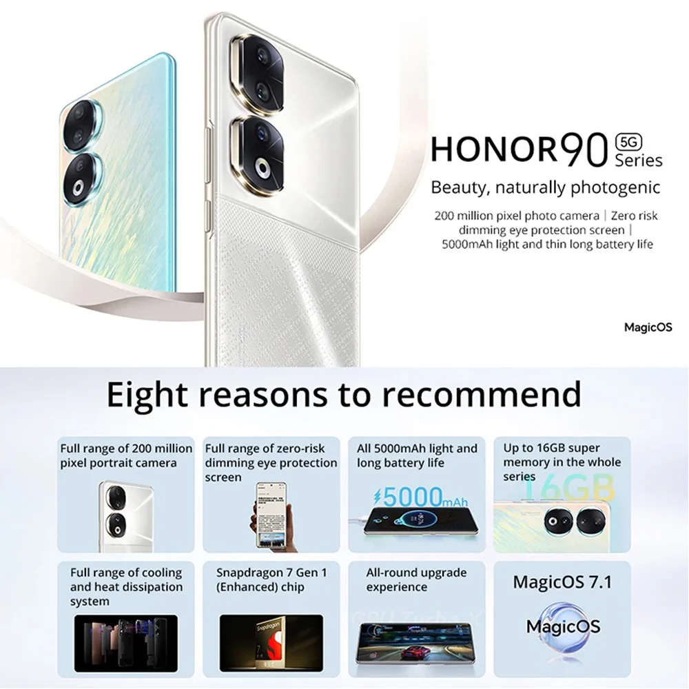 HONOR 90 Global Version 5G Smartphone 200MP Ultra-Clear Camera Snapdragon 7 Gen 1 5000mAh Battery 66W Supercharger 6.7" Display 5