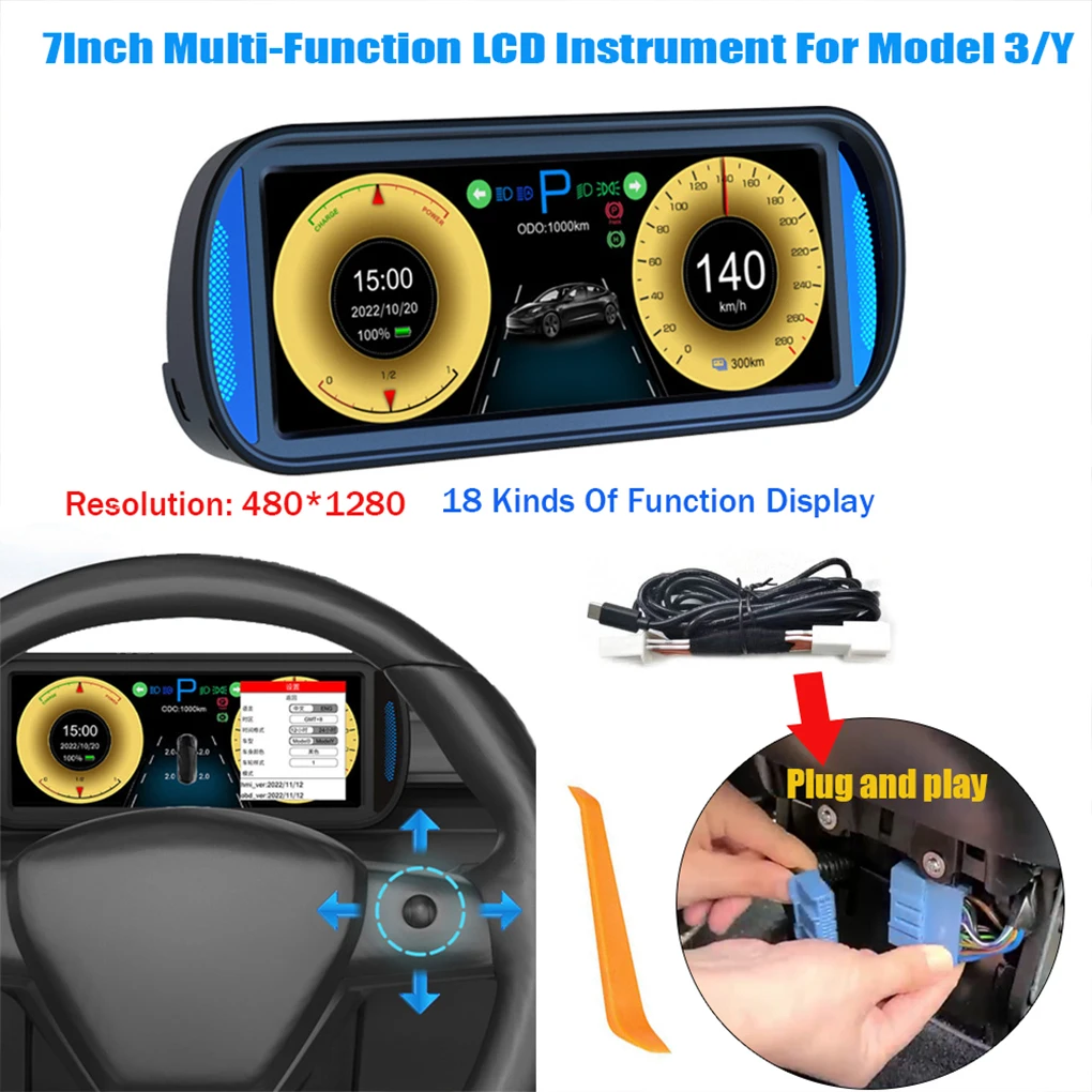 Pantalla IPS de 7 pulgadas para salpicadero de coche, pantalla de ABS, HUD Model 3 Y Model 3, Multimedia