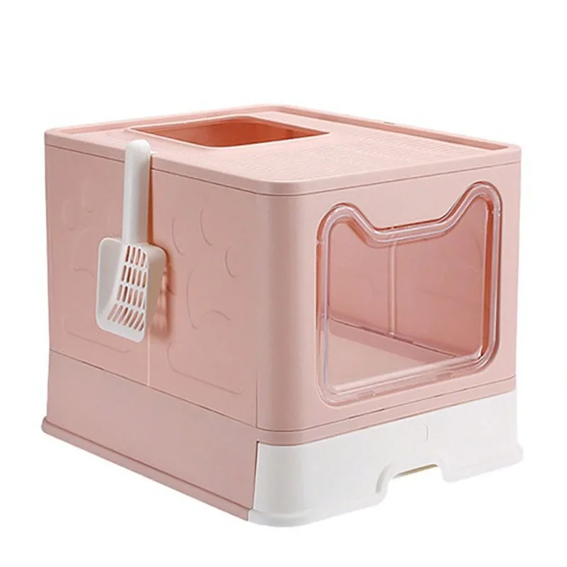 

Cat Sandbox Drawer-type Cat Litter Basin Fully Enclosed Large Foldable Cat Toilet with Hair Scrubber Pet Cat Litter Basin Gift