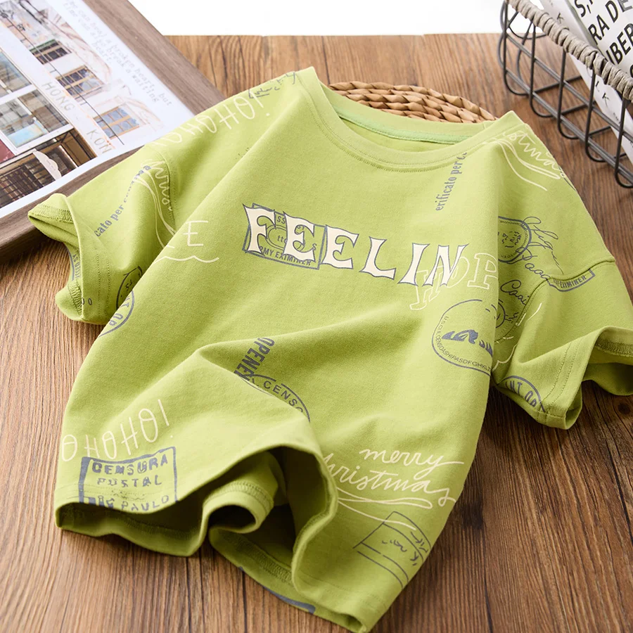 Boys Summer Short-Sleeved Printed T-Shirt 2024 New Summer Children Loose Half-sleeved Base Shirt Medium And Large Kids