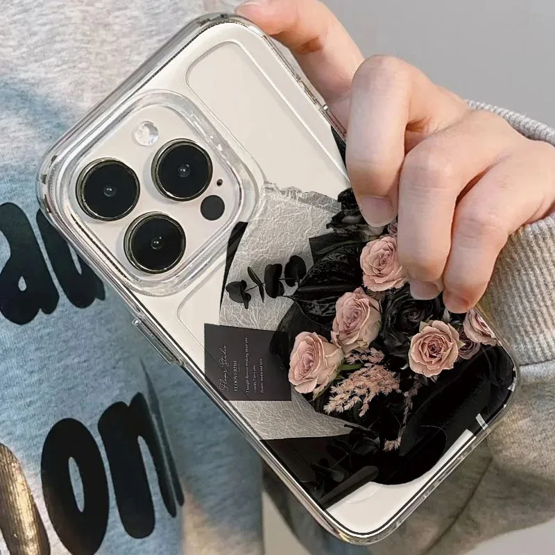 Elegant Black Floral Clear Case with Rose Design - Soft Protective Phone Cover