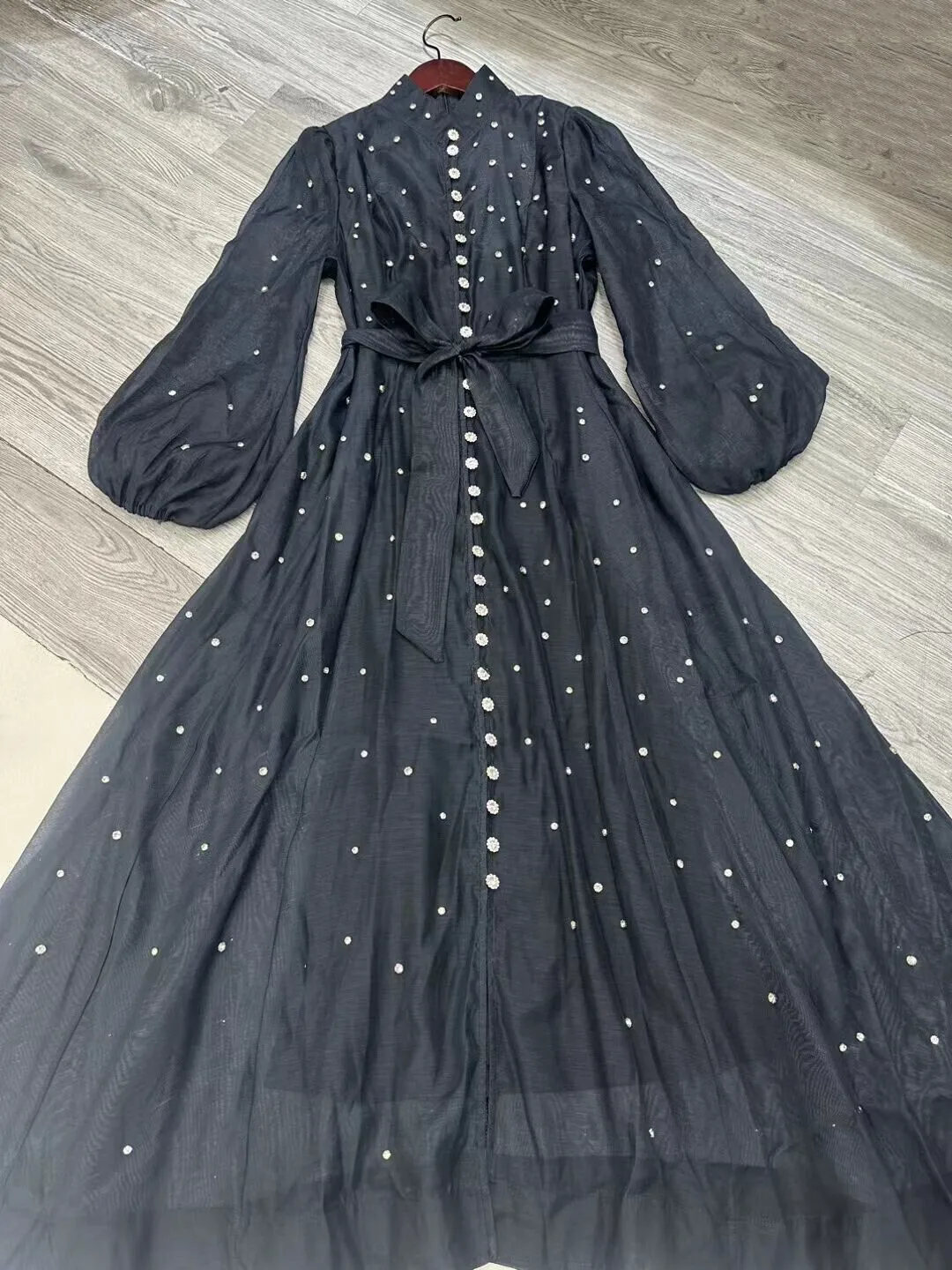 Elegant Long Dress British Style Fashion Beading Single Breasted Design Gentle Temperament Dresses Women 2025 Spring Autumn