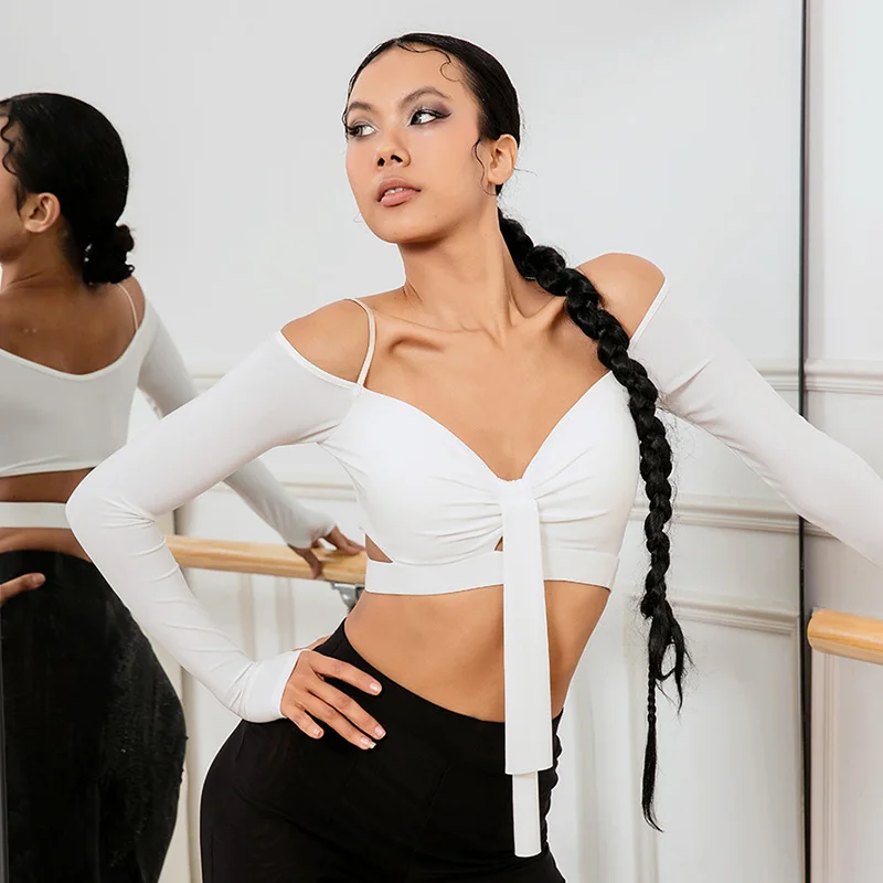 

Sling Tops Latin Dance Costume For Adult Women With Chest Pads National Standard Dance Long Sleeved Practice Stage Suit XH151