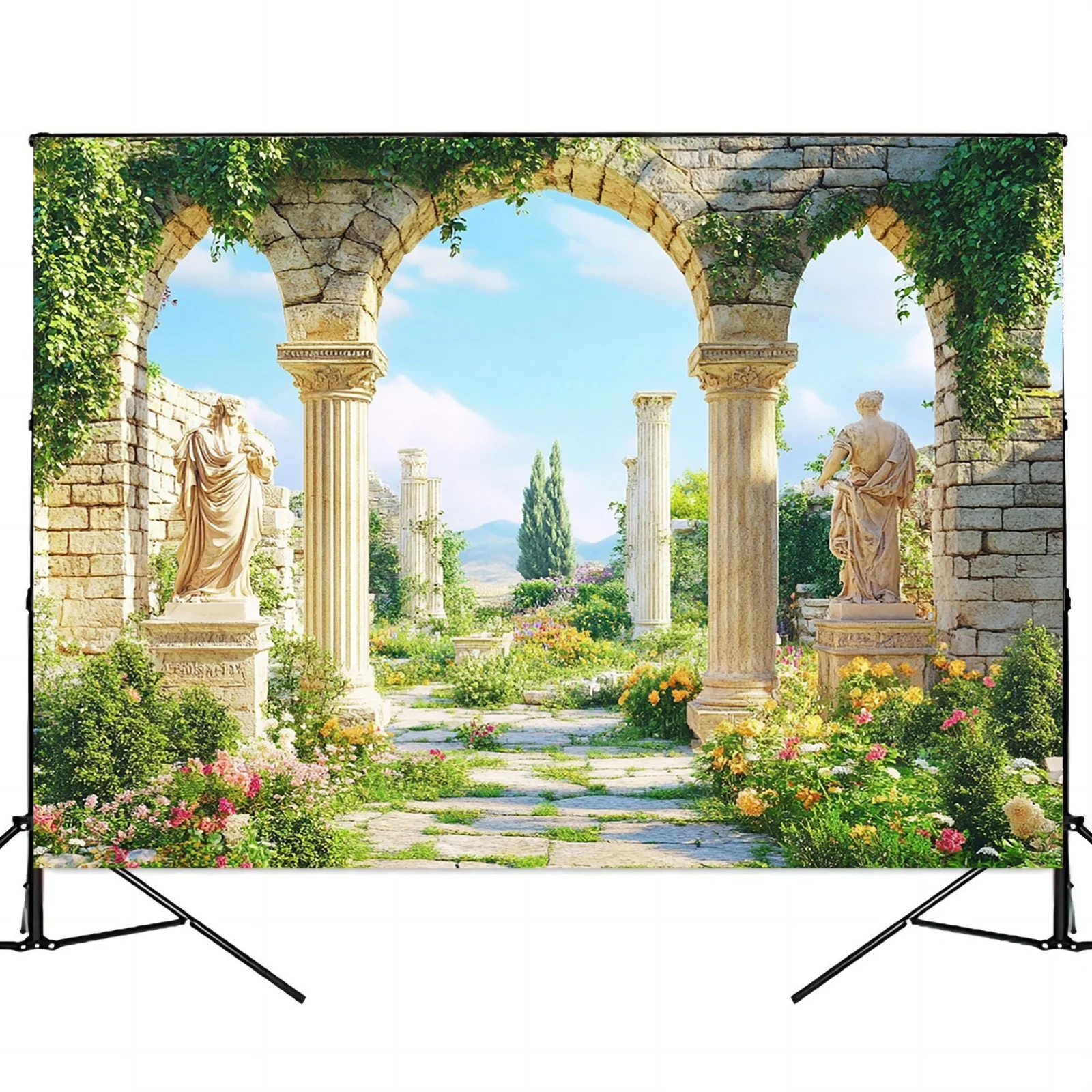 1-teiliges antikes griechisches Gartenparty-Hintergrundtuch mit Steinbogen-Design, geeignet für Hochzeiten, Geburtstage, Jubiläen – Detail 6