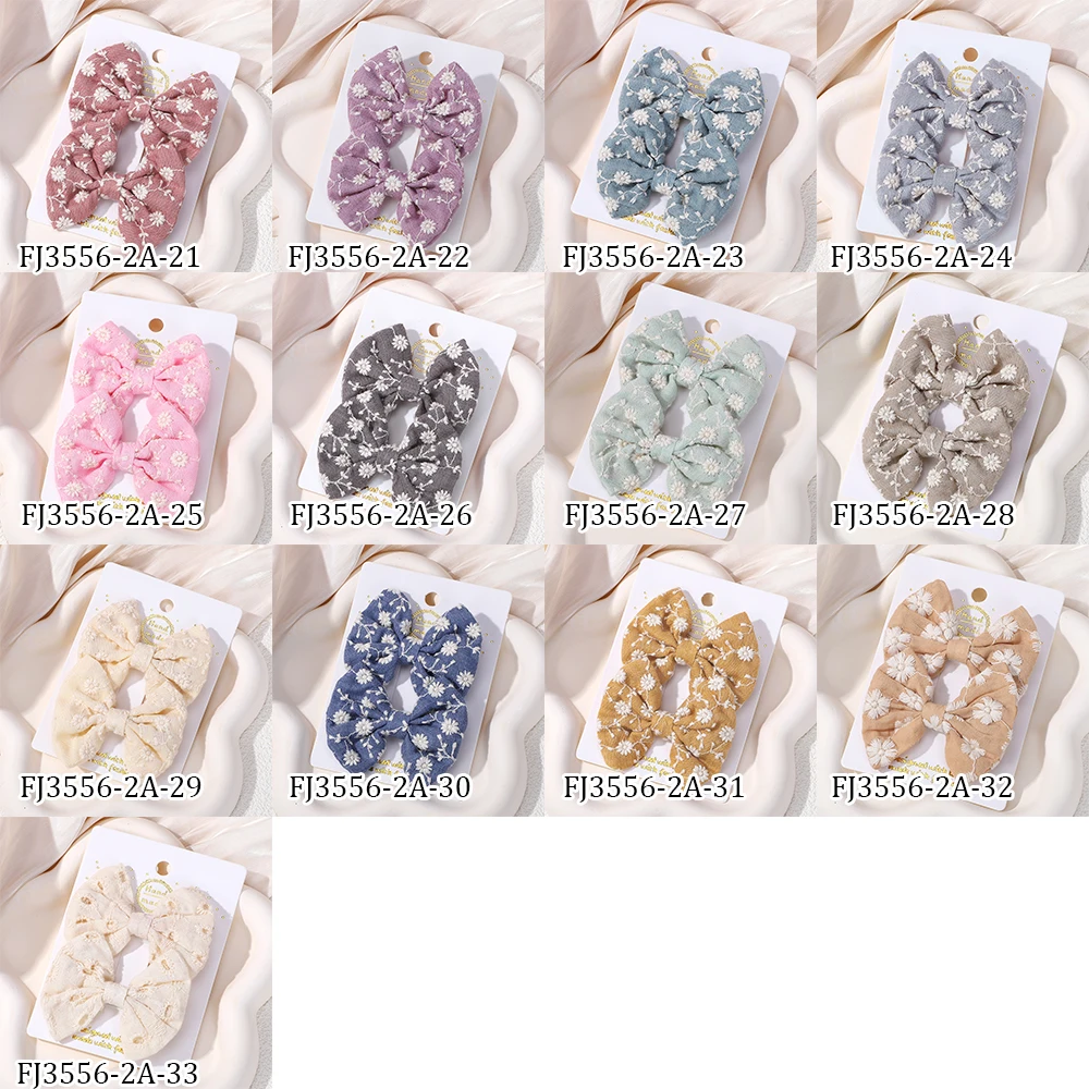 2 Teile/satz Bögen für Mädchen Haar Pins Stickerei Druck Haar Clips Einfarbig Bowknot Handgemachte Barrettes Kinder Haar Zubehör – Detail 1