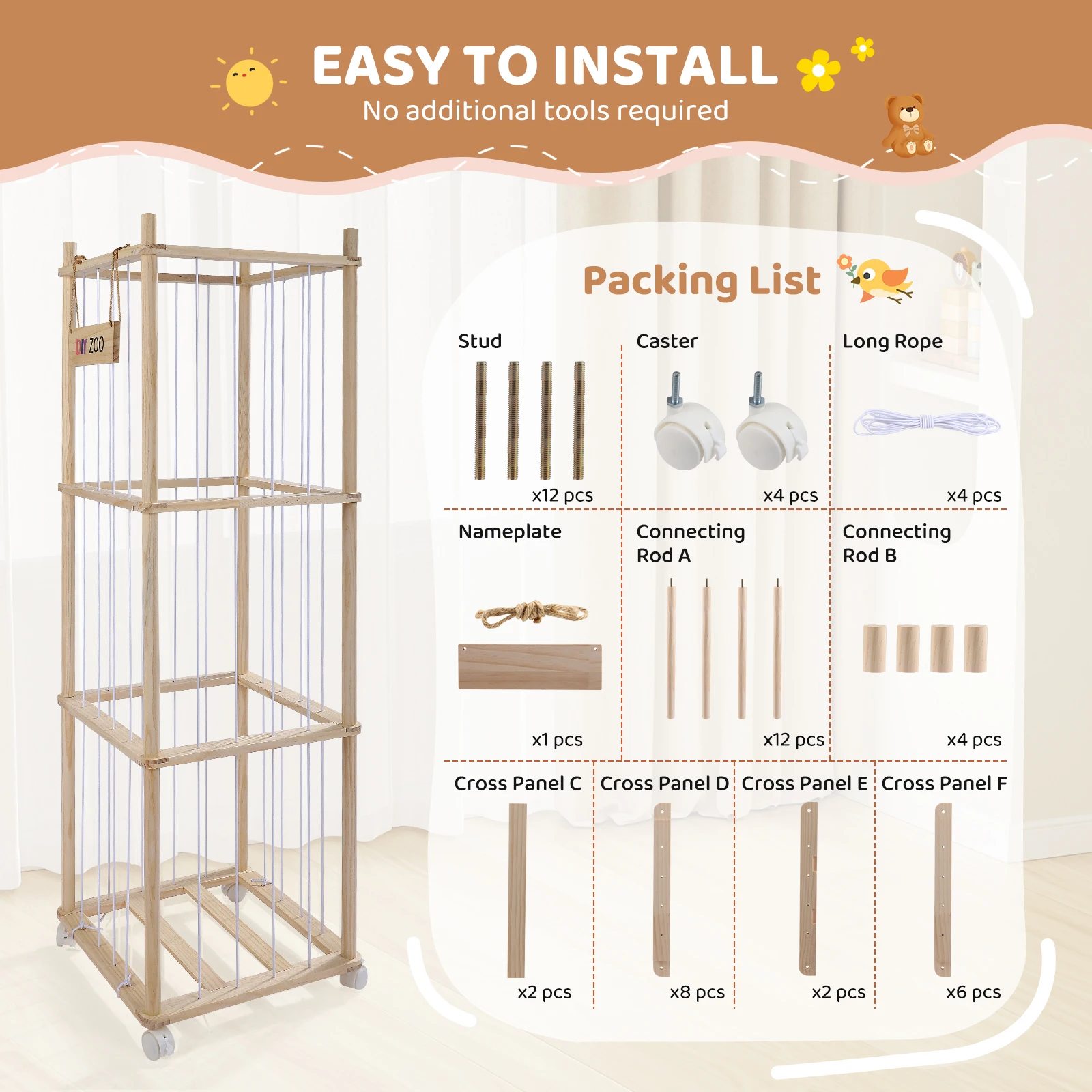 Grand panier de rangement en bois pour jouets en peluche, panier de rangement de grande capacité avec roulettes, jouet en peluche pour enfants, organisateur de baril de rangement en peluche