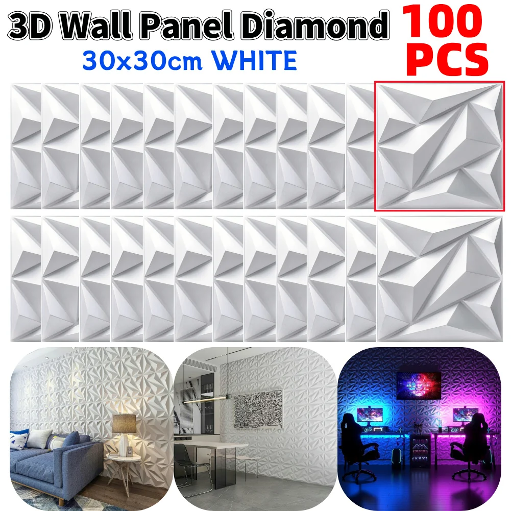 100Pcs Mural Tile Panel Mold 30x30cm Self-Adhesive Tile 3D Wall Sticker Black/White for Living Room Gaming Room TV Background
