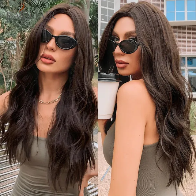 EASIHAIR Long Dark Brown Wave Synthetic Wigs for Women Middle Part Heat Resistant Wigs Female Faker Hair Daily Cosplay Party 2