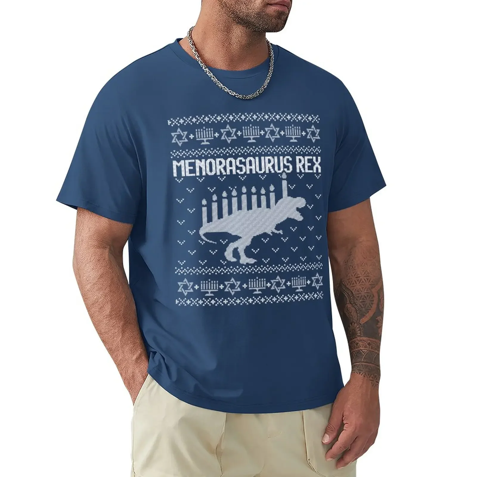 Divertente Brutto Maglione Hanukkah, Dino Trex Menorah T-Shirt Pesante Oversizeds Sport Fans T-Shirt Da Uomo