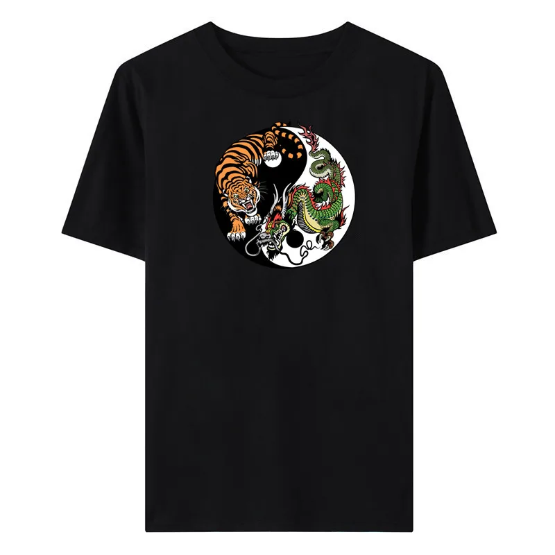 

Men's Trendy All-match Casual Simple Round Neck Animal Tiger and Dragon Print T-shirt