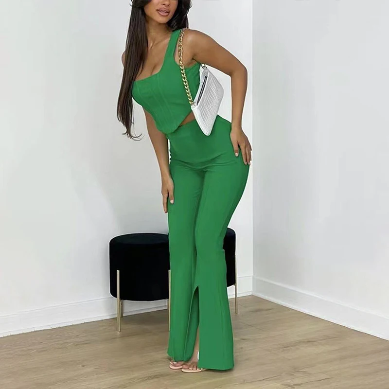 

Swimwear Women 2022 Dress Suit Swimsuit With Cover Up Set Summer Pants Pure Color Sleeveless Vest Split Trousers Leisure Two