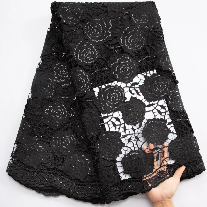 

Black Cord Guipure Lace Fabric 2024 High Quality African Lace Fabric with Sequin Rose Water Soluble for Women Luxury Dress A3530