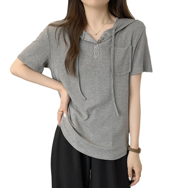 

Black Grey Loose Short Sleeved Hooded Summer Style Top Fashion Blouses 2023 Cheap Vintage Clothes For Women Female Clothing