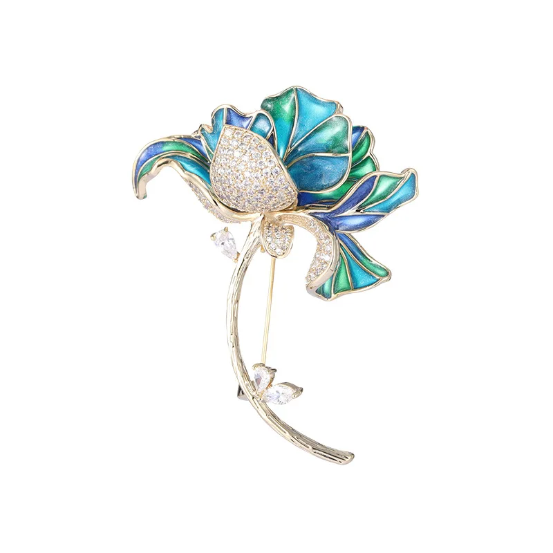 Elegant Temperament Enamel Plated Lotus Brooches Pins New Fashion Statement Flower Corsage Bouttoniere Accessories