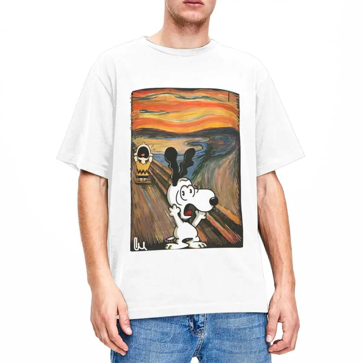 thumbnail image 1 of Camiseta de algodón divertida para hombre, con estampado artístico de Peanuts, Charlie Brown, Scream, Snoopy, camisetas hippies de verano con cuello redondo, camisetas informales de gran tamaño, 1 of 5