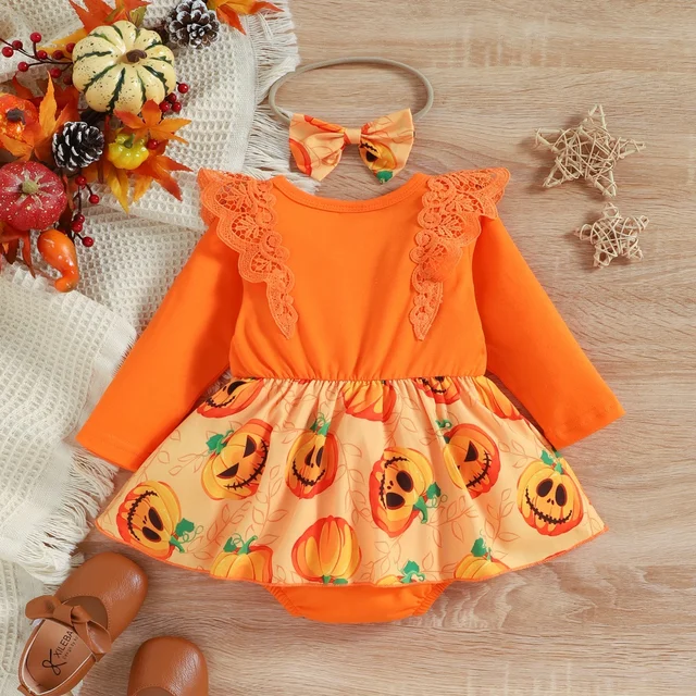 Baywell Baby Girls Halloween Clothes Pumpkin Jumpsuit + Hair Band Set 2 Pcs Toddler Fashion Bodysuit 6-24 Months 2