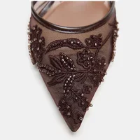 Brown String Bead Mesh Embroider Slingback High Heels Women Sexy Pointed Toe Heeled Sandals Summer Elegant Luxury Designer Shoes - Image 5