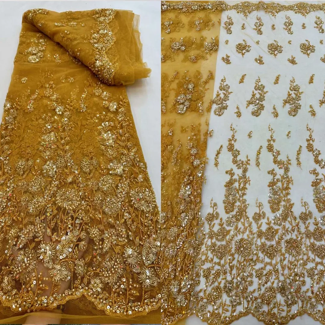 

New Pretty Design Beads Pearls 3D Embroidery French Tulle Net /African Sequin Lace Fabric For Evening Dresses Weddings Party