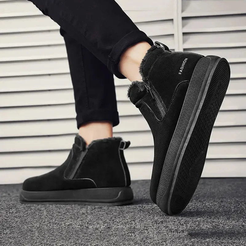Men's High-top Warm Casual Cotton Boots Solid Color Plus Velvet Cold-proof Snow Boots Side Zipper Outdoor Sports Ankle Boots