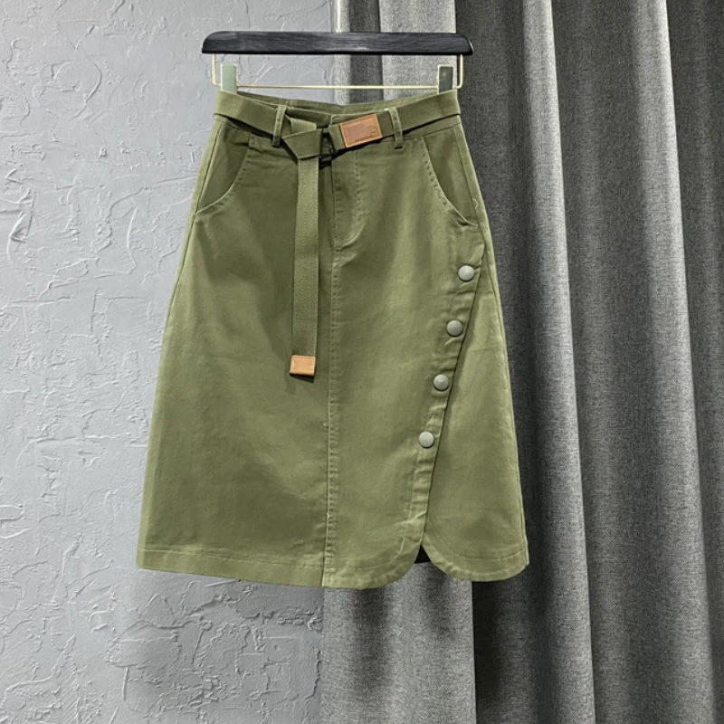 

Army Green Mid-Length High Waist Denim Skirt Women 2022 Autumn New Casual A- Line Belt Waist Skirts Street