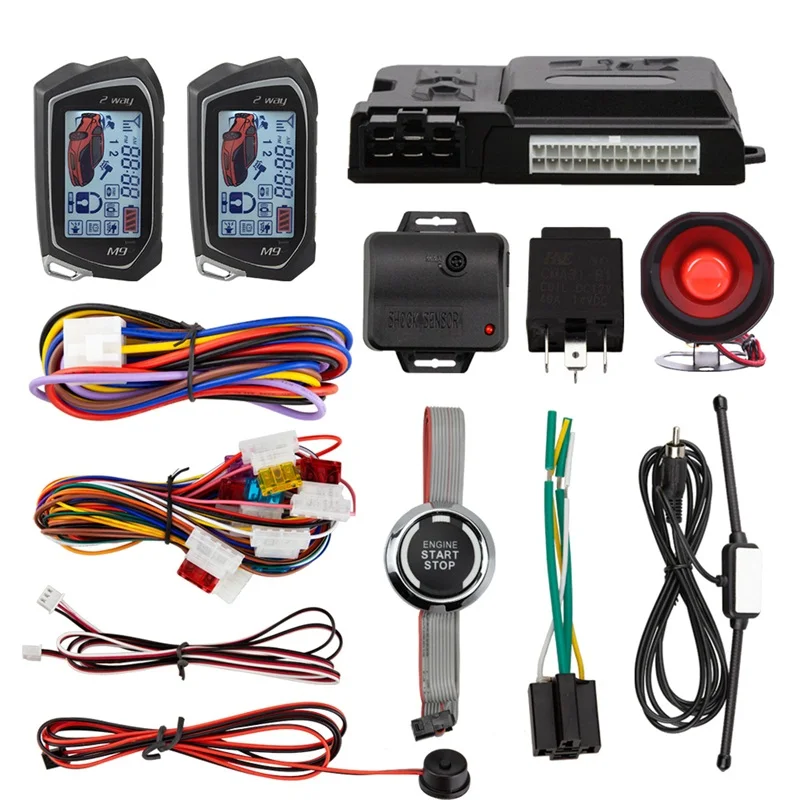 2 Way Car Alarm LCD Display Remote Start Push Button Shock Sensor Microwave Detection Warning Universal System With Siren