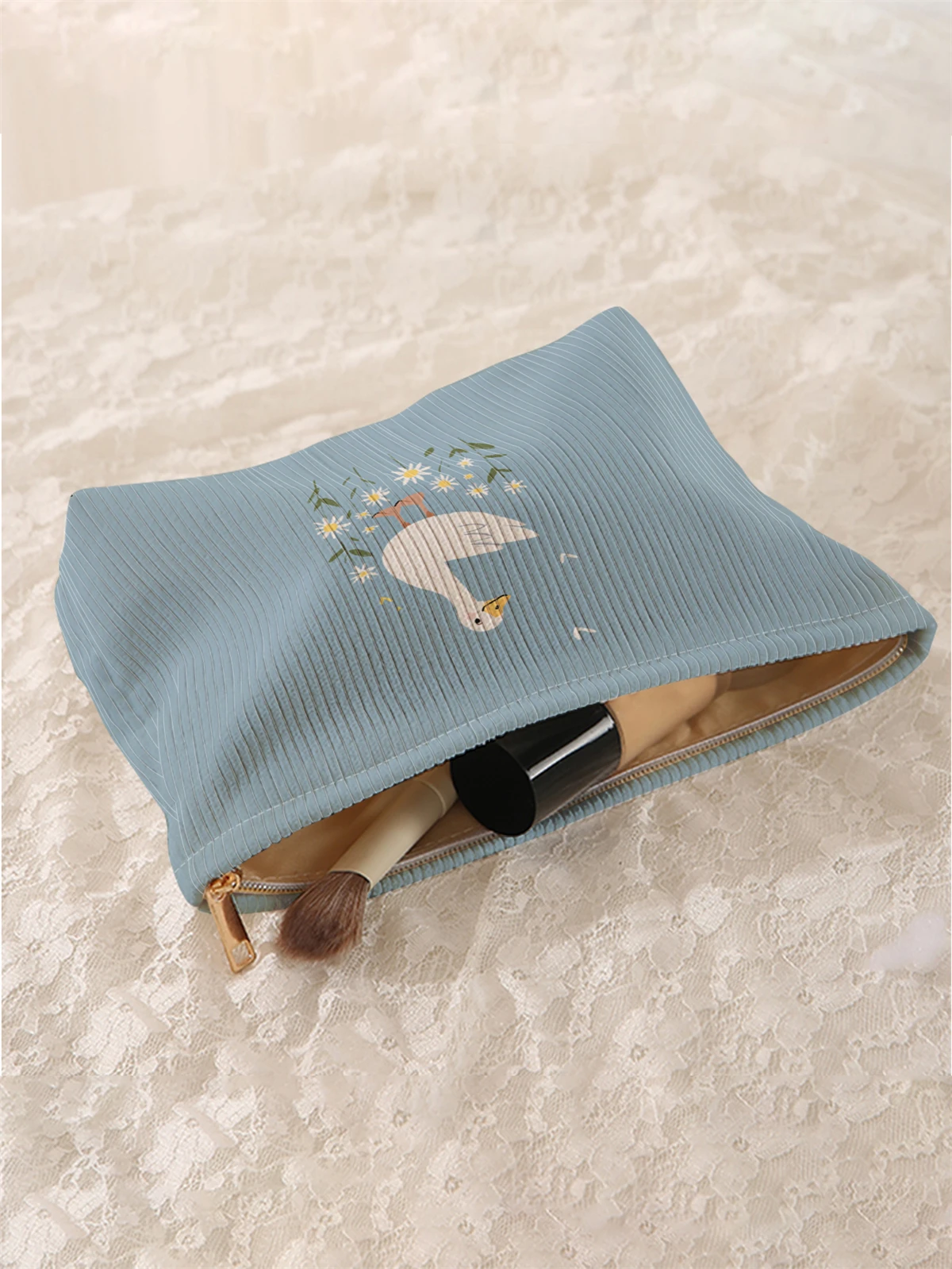 1pc duck pattern printed corduroy makeup bag, lightweight zipper makeup storage box, multifunctional bag with lining