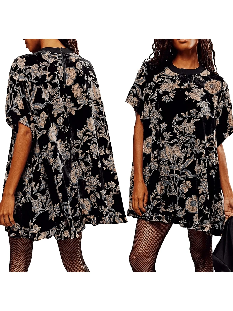 

Women Velvet Dress Long Sleeve Crew Neck Flower Mini Dress Loose Fall Casual Dress