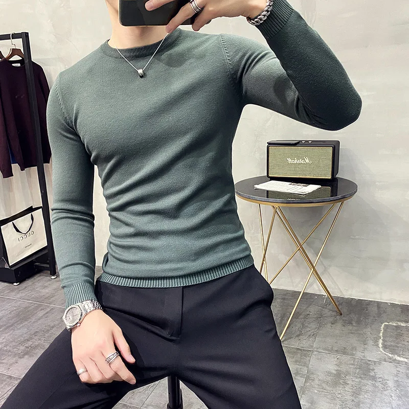 Fashion  Slim  Daily  Autumn and Winter Solid Color Crew Neck Office Leggings Pullover Sweater Long Sleeve Men's Business Casual