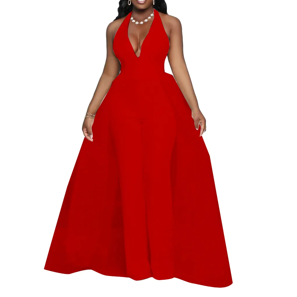 

African Jumpsuit African Clothes Women Summer African Women Sleeveless V-neck Polyester White Yellow Red Blue Long Jumpsuit