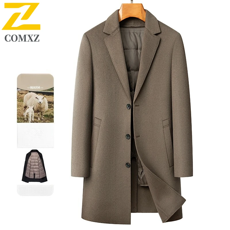 COMXZ Men Wool Blends Coat Mid Length Removable Liner Business Golf Trench Coat Office Banquet Light Luxury High End Wool Jacket