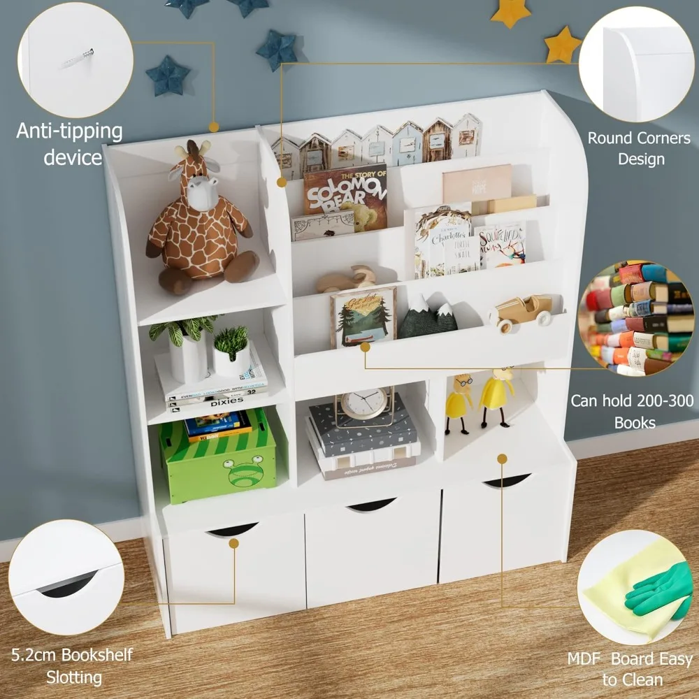 Kids Bookcase and Bookshelf, Multifunctional Bookcase with 5 Storage Cubbies and 3 Movable Drawers, Toy Storage Organizer