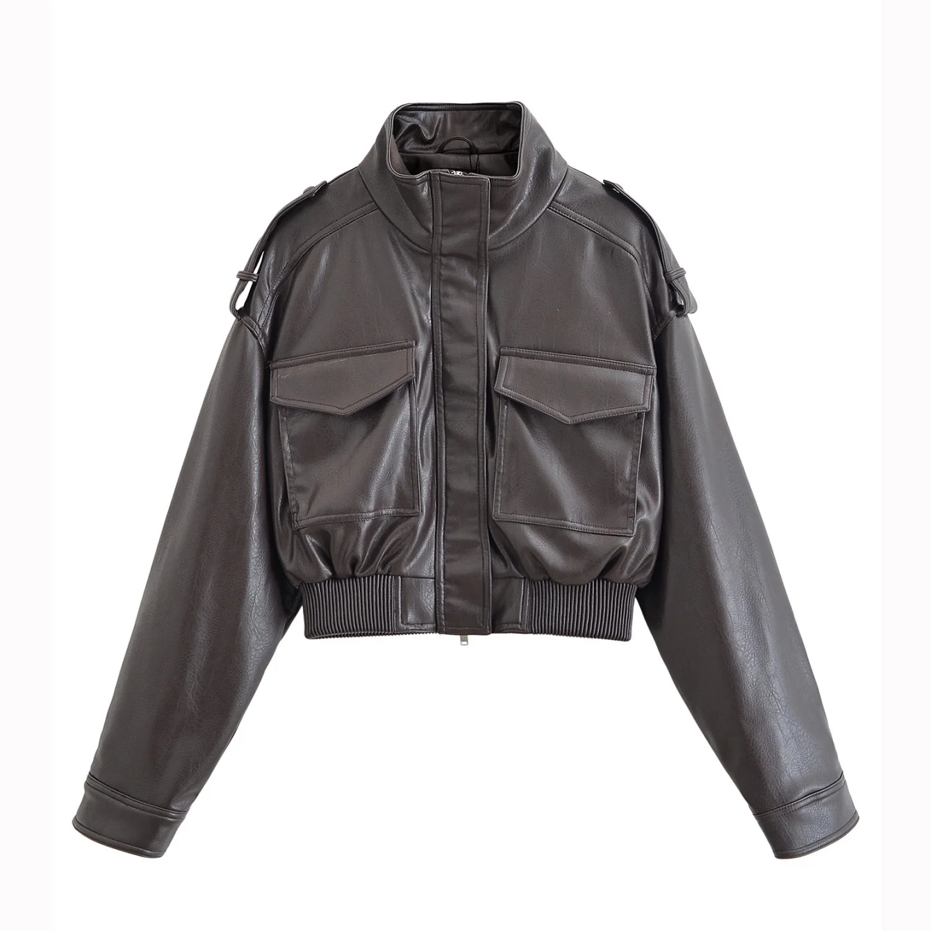 Women Autumn Winter Vintage Leather Jackets Coat Pockets Loose Stand Collar Long Sleeve Zipper Coat Lady Chic Jackets Streetwear