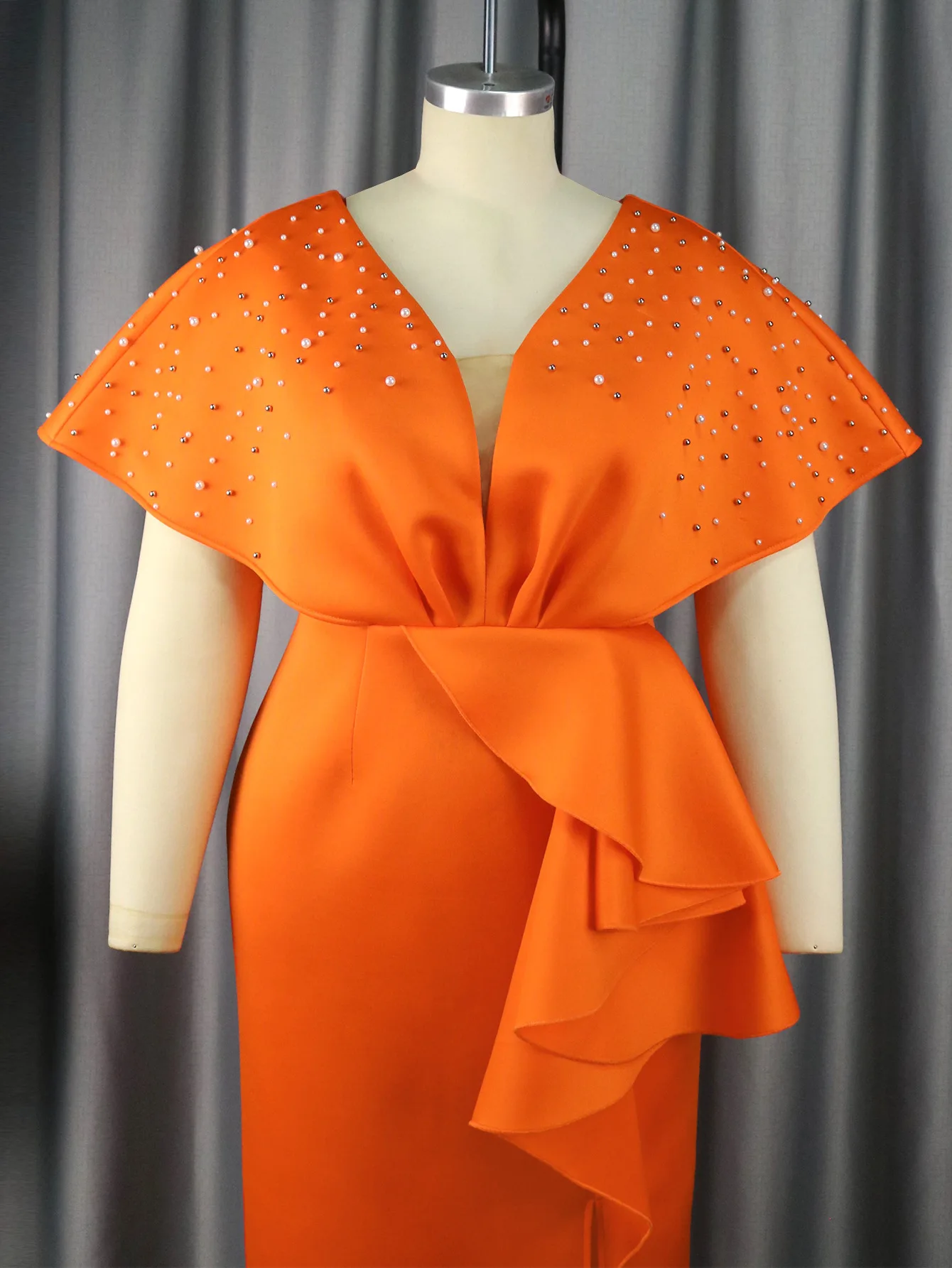 Plus Size Evening Dress Women Pearl Ruffle Split Chubby Cloth Female Casual Elegant Robe 2023 Summer Sale New Party 4xl Dress