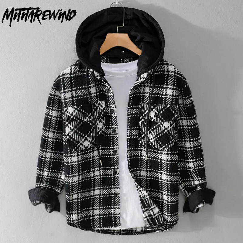 

Spring Fall Jackets Men High Street Casual Fashion Jacket Single-breasted Houndstooth Detachable Hooded Jacket Youth New Coats