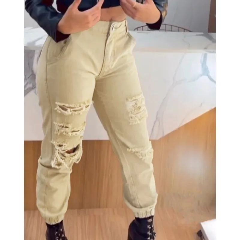 

2024 Spring Autumn New Women's Clothing Solid Color Leisure Ripped High Waist Ankle-Tied Overalls