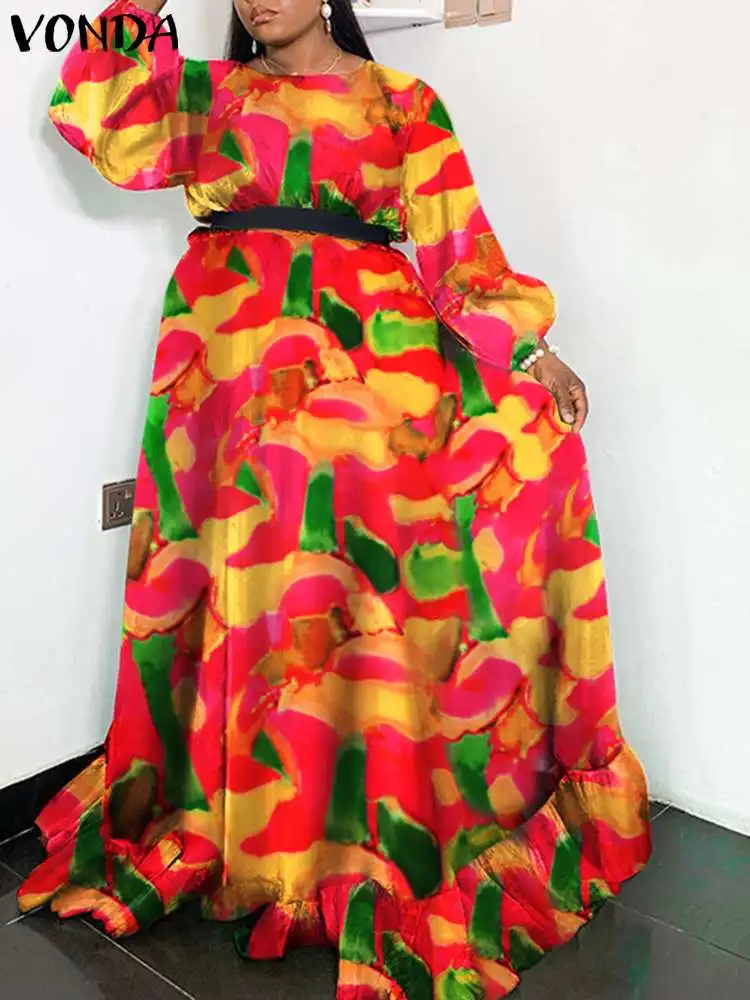 

Plus Size 5XL VONDA Bohemian Long Dress Summer Women Lantern Sleeve Floral Printed Maxi Vestido Casual Belted Ruffled Party Robe