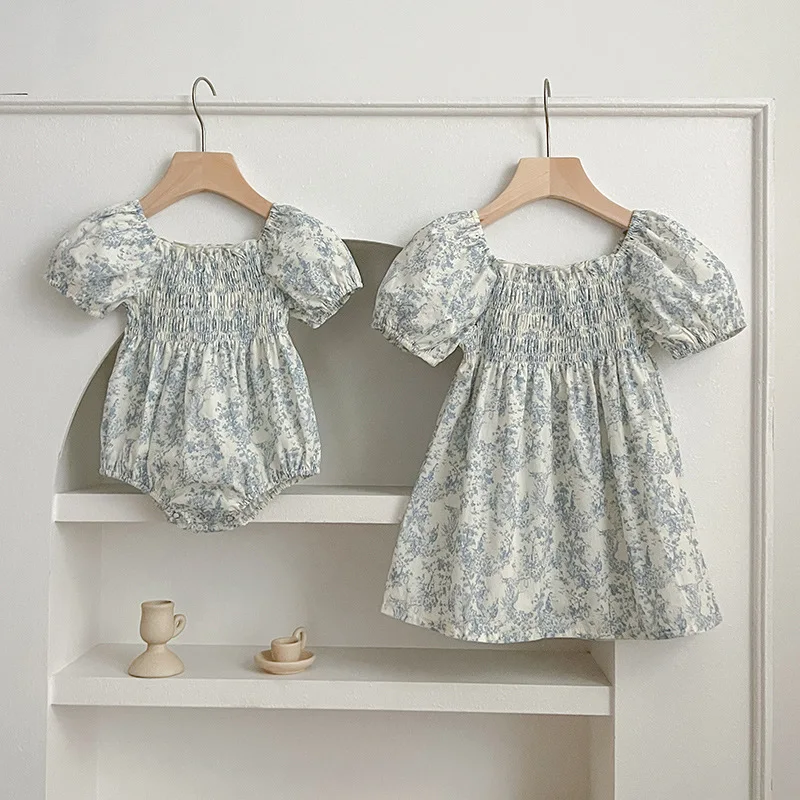 

Summer Baby Girls Sister Look Short Bubble Sleeve Floral Ruched Loose Thin Infant Girls Romper Muslin Cool Toddler Girl Dress