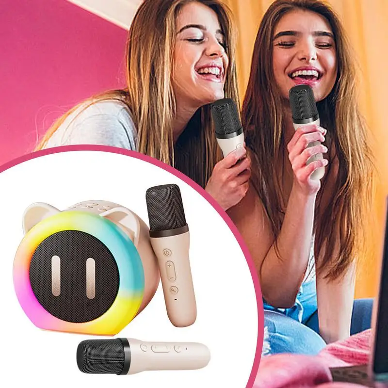 Wireless Karaoke Machine Portable Karaoke Speaker With Cute Ears RGB Lighting Wireless Speaker Microphone Set 2 Mics