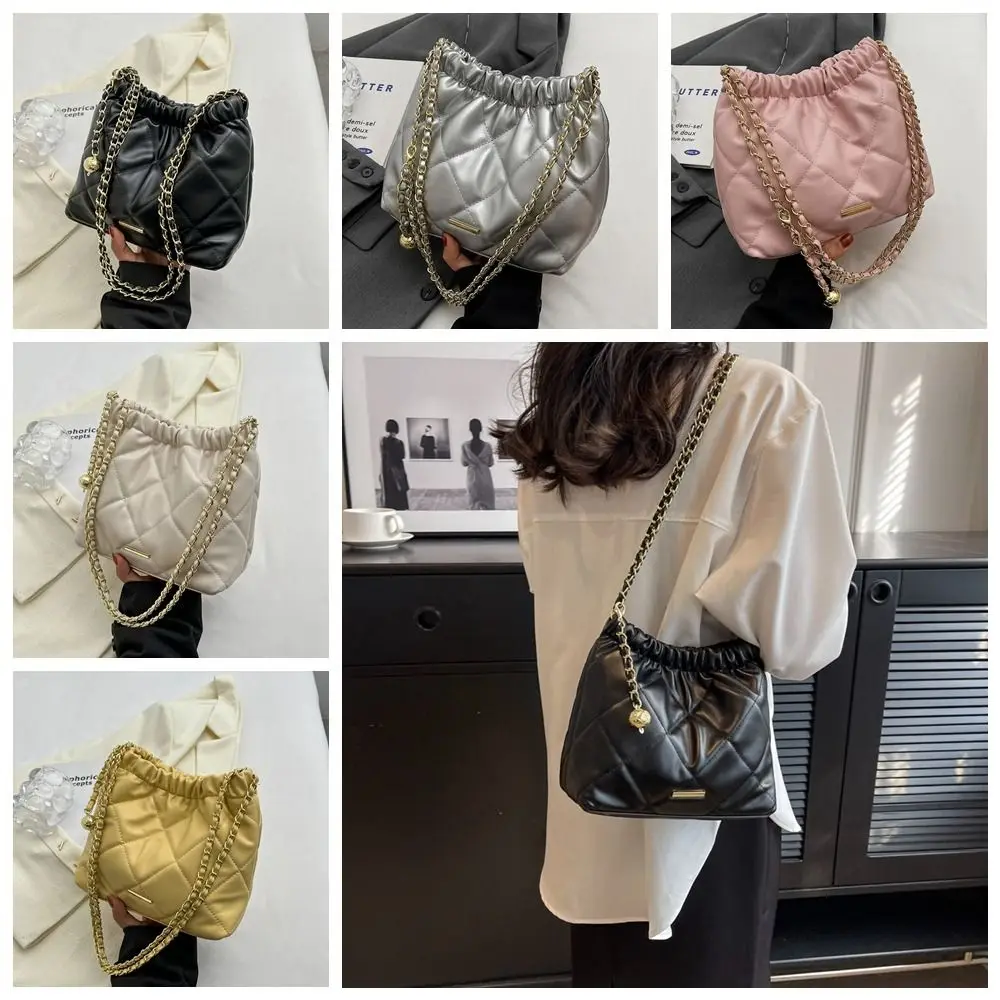 

Pu Leather Rhombic Lattice Chain Shoulder Bag Portable Underarm Bag Handbag Crossbody Bag Silver Bucket Bag Girls