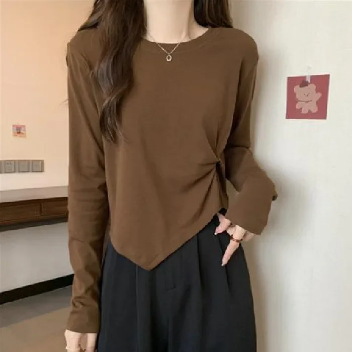 تي شيرت نسائي قصير بأكمام طويلة لربيع الخريف بطبقة...