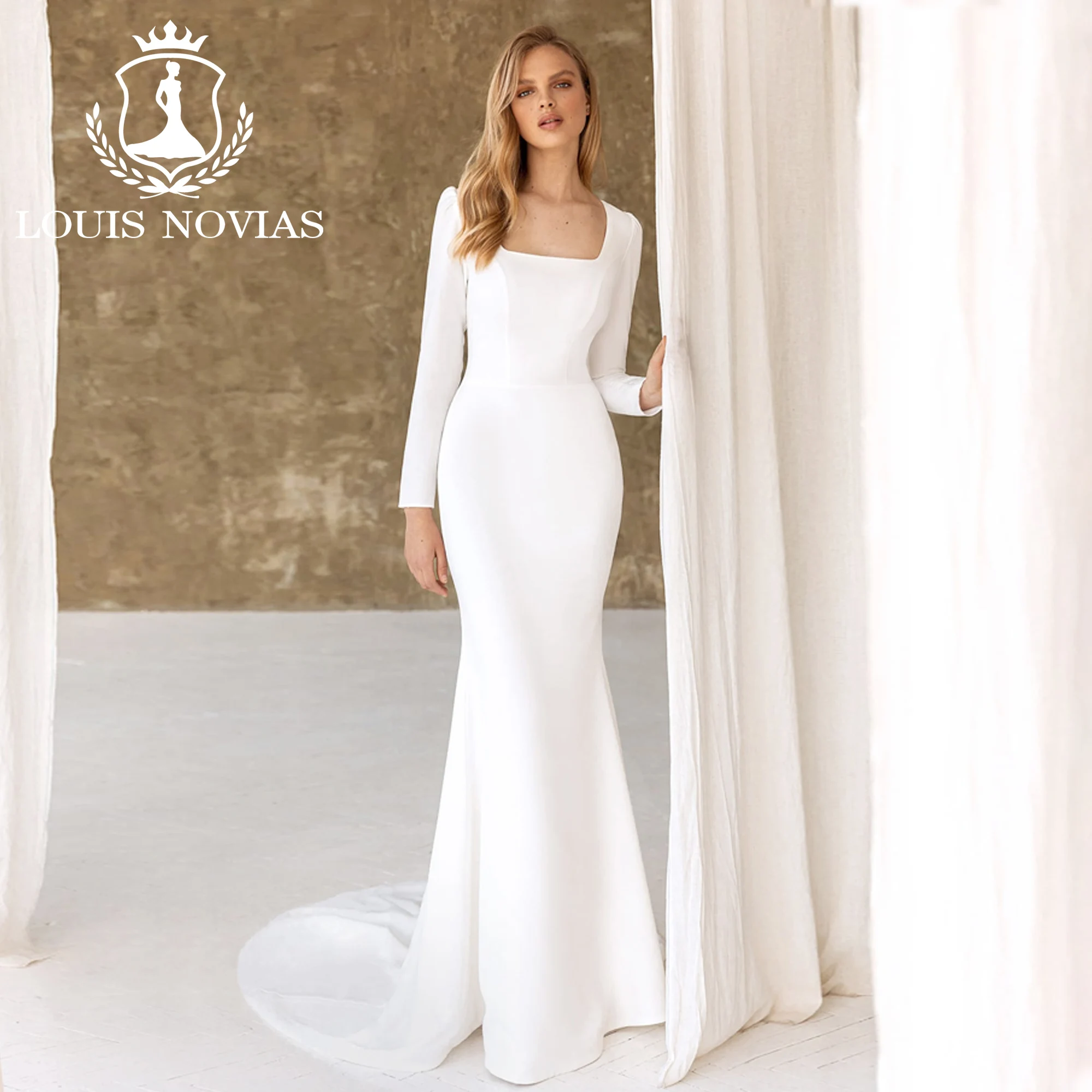 

LOUIS NOVIAS Long Sleeves Mermaid Wedding Dress For Women 2023 Bride Square Collar Satin Trumpet Wedding Gown Vestidos De Novia
