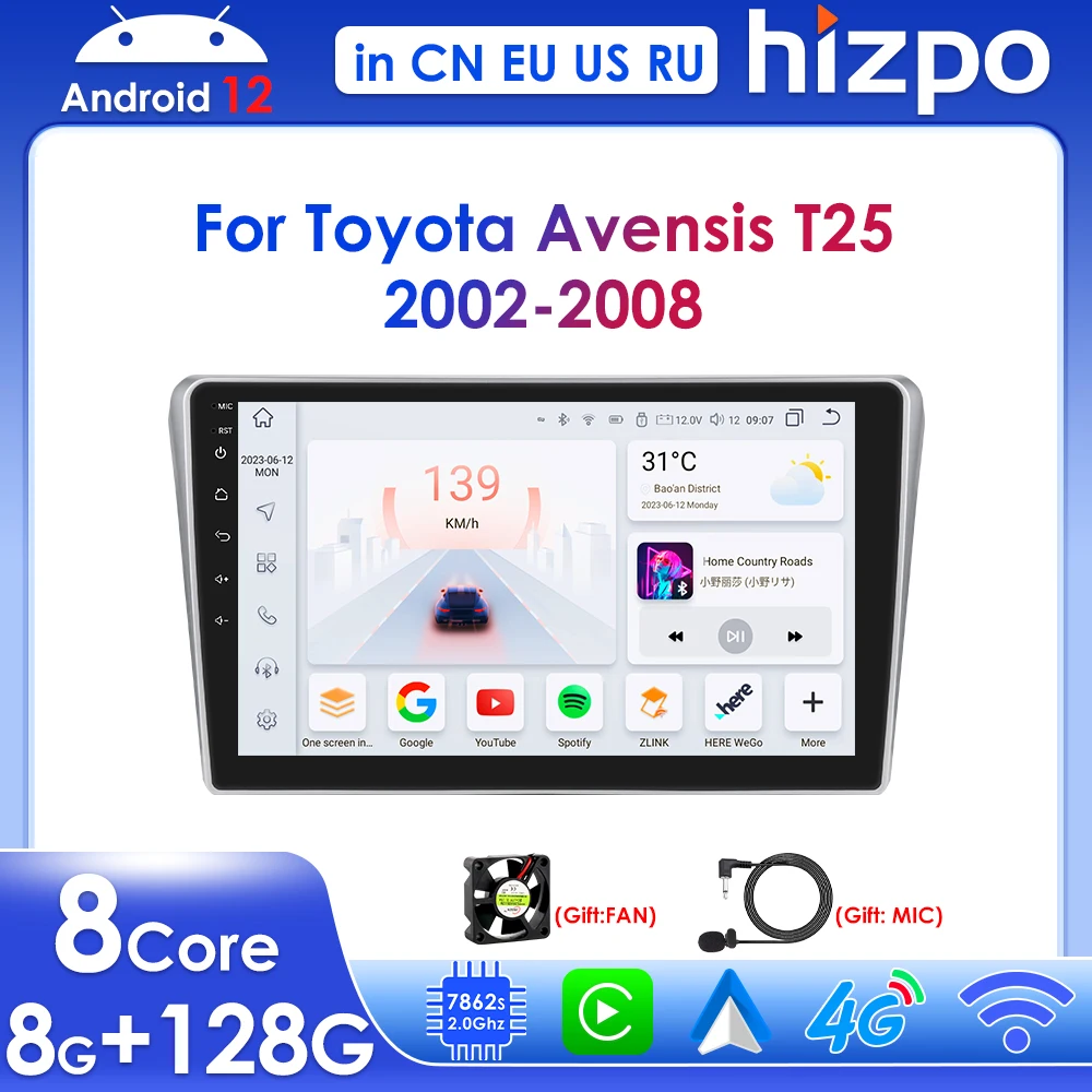 

Hizpo 9" Wireless Carplay Android for Toyota Avensis T25 2002 - 2008 Car Multimedia Player GPS Navi Stereo RDS BT 4G 2 Din Radio