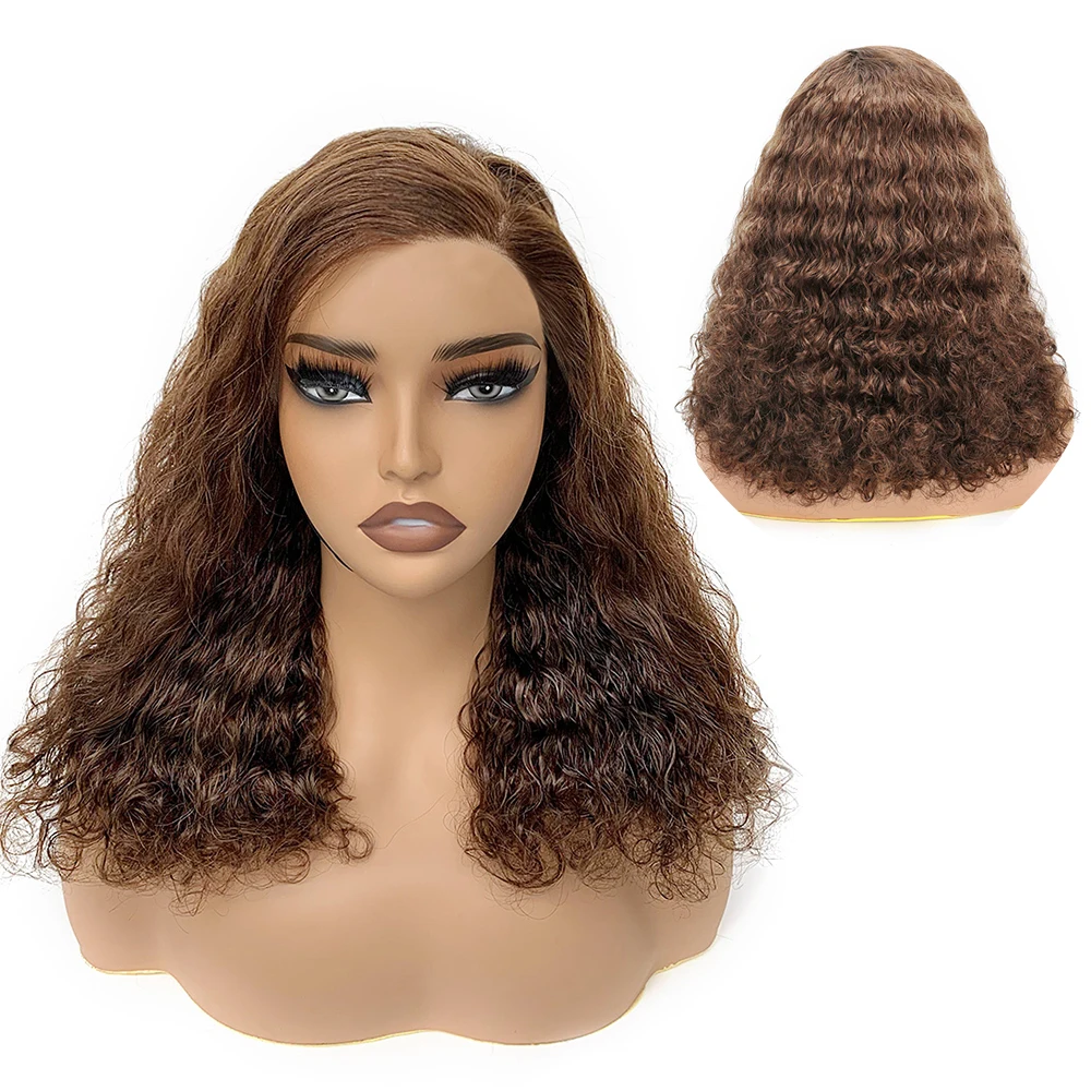 

Brazilian Deep Wave Frontal Wig Transparent 13x4 Lace Front Human Hair Wigs for Women Pre Plucked Brown Pixie Curl Remy Hair Wig