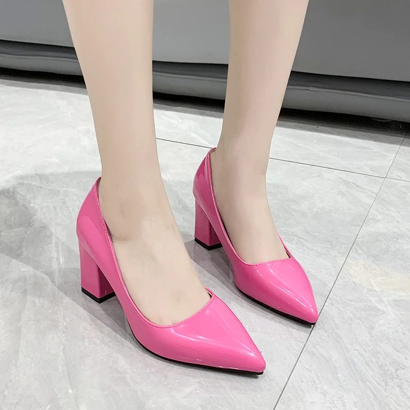 Women's High Heels Shoes Spring Summer Candy Colors Pu Leather Chunky Heel Female Pumps Pointed Toe Party Dress High Heels 2022