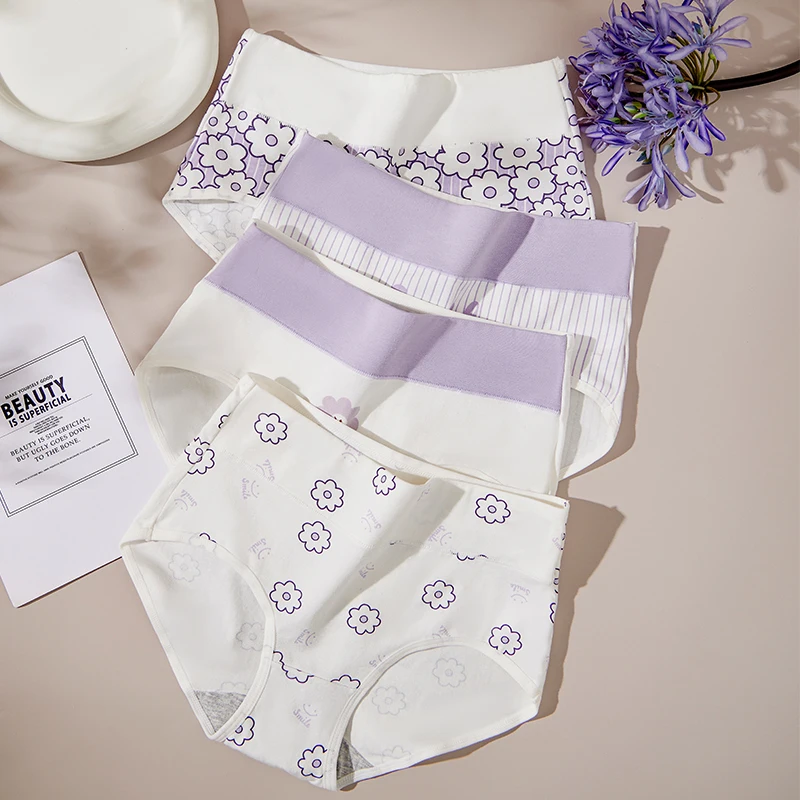 Women Panties 4Pcs/Set Cotton Panties Women High Waist Slimming Underwear Cute Print Young Girls Briefs Plus Size M-4XL Soft Female Lingerie